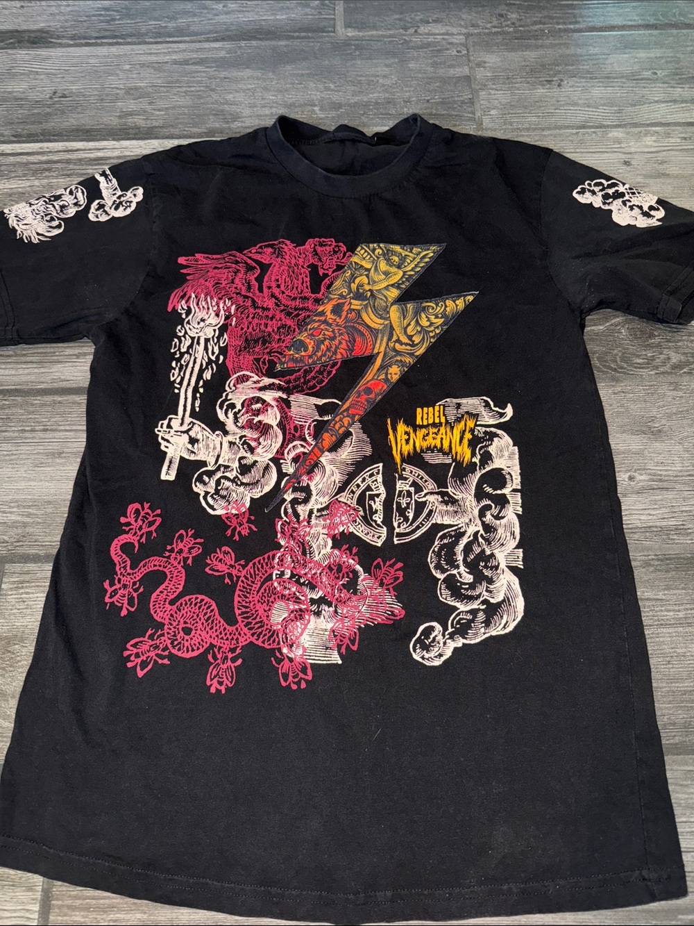 Black Graphic Short-Sleeve Men's Shirt with Red & Yellow Lightning Print